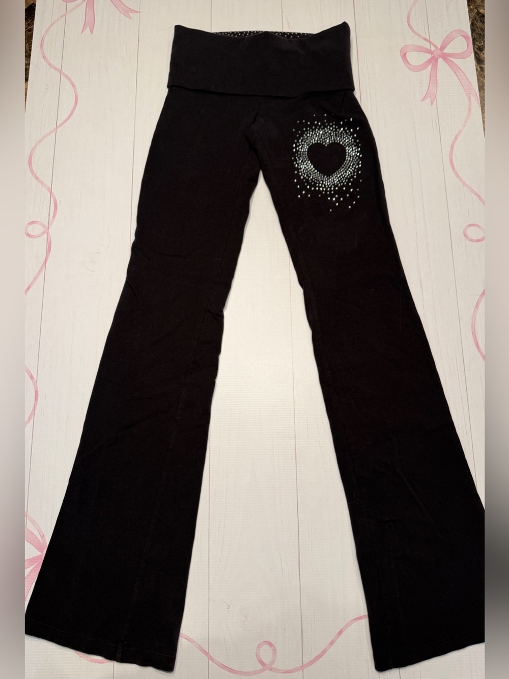 Y2K Victoria’s Secret PINK  rhinestone heart foldover flare yoga pants Size XS